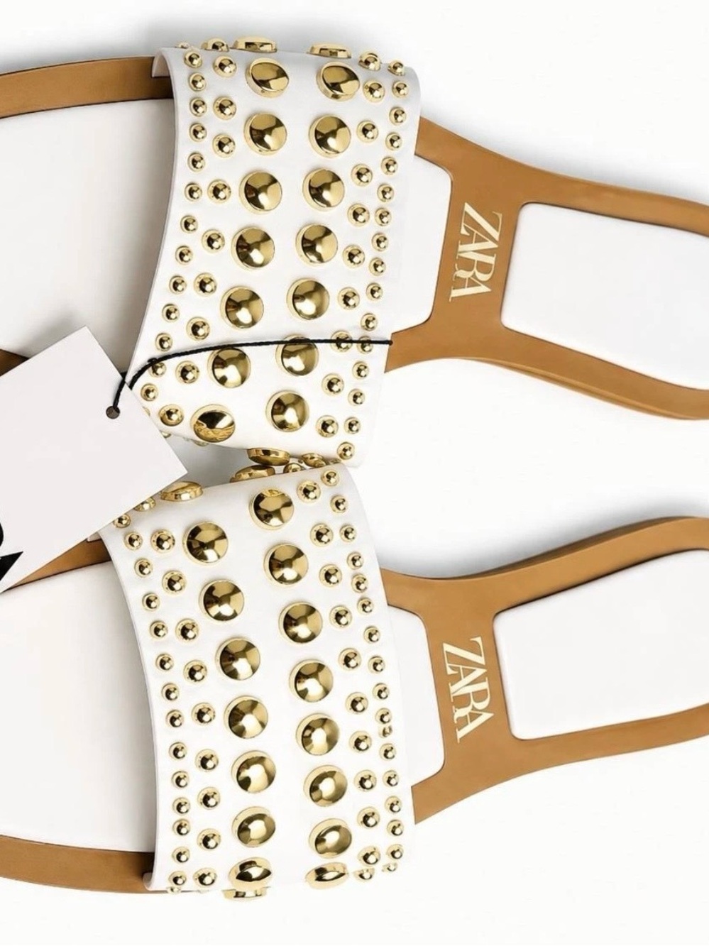 ZARA White Slide Sandals with Gold Stud Embellishments